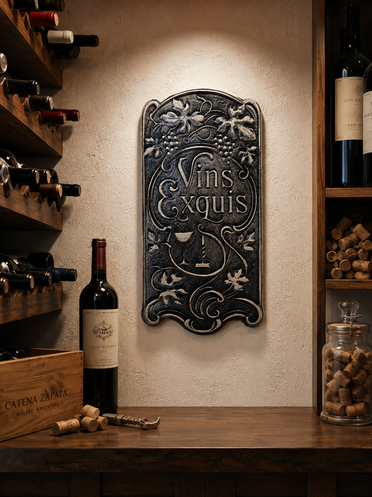 Placa decorativa vintage "Vins Exquis" Vino Exquisito, placa metálica victoriana - vino
