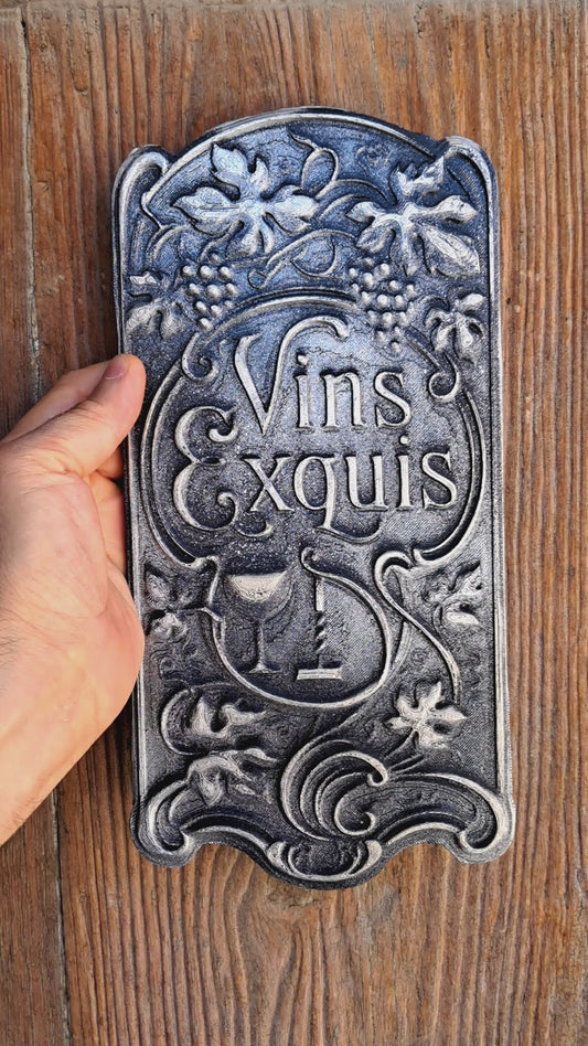 Placa decorativa vintage "Vins Exquis" Vino Exquisito, placa metálica victoriana - vino
