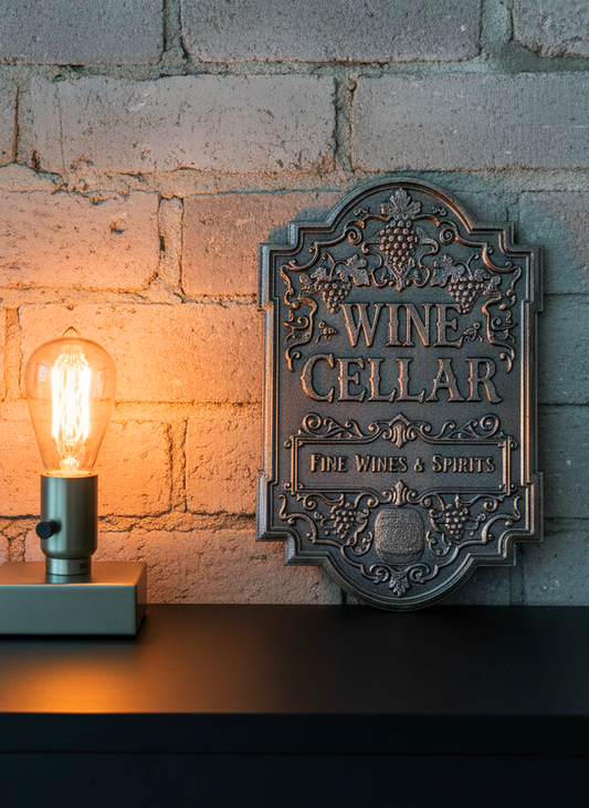 Placa estilo antiguo decorativa vintage para "WINE CELLAR", hogar, oficina o negocio - uvas, barricas